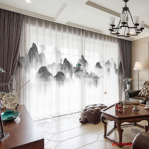 puildaug 현대 새로운 중국 잉크 풍경 그림 풍경 거실 연구 침실 유명한 호텔 커튼 얇은 스크린 커튼, S0612 천펀칭너비1미터가격/몇미터