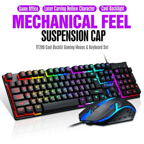 키보드 무선 게임 키보드 및 마우스 유선 게이머 키보드 RGB 백라이트 고무 Keycaps USB 키보드 게임 노트, 색깔1, 하나, 하나