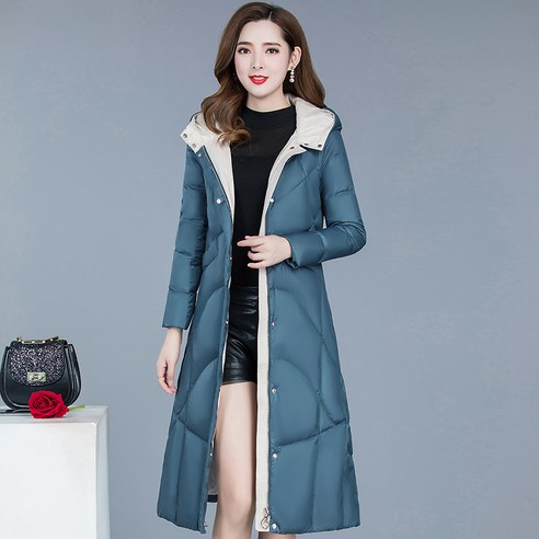 【DF】여성용 중형 후드 유행 다운 재킷 한국 스타일 겨울 새로운 슬림 맞는 우아한 바느질 따뜻한 코트