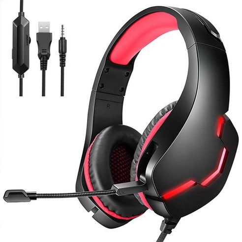 PYHO 7.1RGB 노이즈 캔슬링 마이크 3D게이밍 헤드셋J10, 블랙+레드
