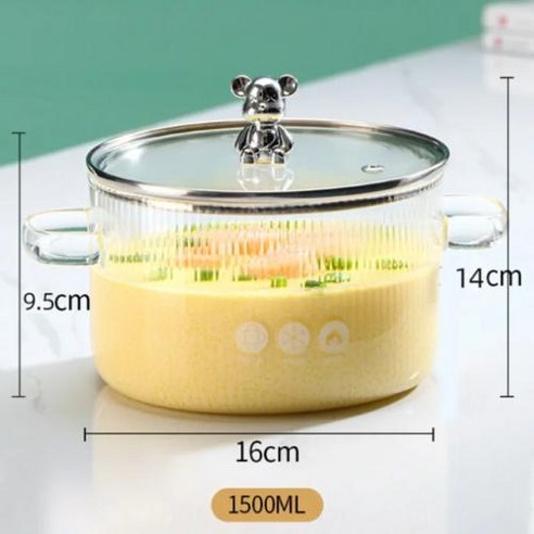 인덕션냄비 작은 곰 유리 수프 보일러 스토브 뚜껑 달린 요리 냄비 내열 인스턴트 국수 주방용, 3) 라이트 그레이  1500ML