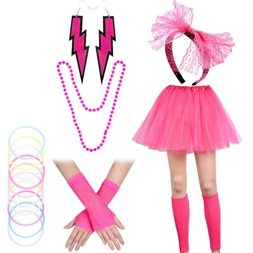 80년대 분장 드레스 부품 세트 - 성인도 난방기 장갑 팔찌 목걸이 귀걸이 여성용 머리띠 핑크
