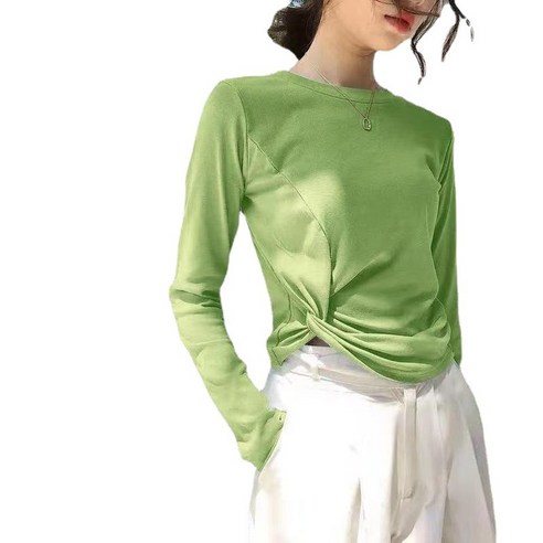 ANKRIC 여자맨투맨 IN의 봄과 가을 한국어 버전 조수 느슨한 스키니 솔리드 컬러 매듭 긴 소매 티셔츠 여성용 짧은 백 셔츠 탑