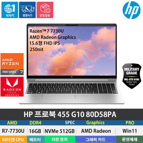   (당일발송) HP 프로북 455 G10 80D58PA R7-7730U/DDR4 16GB/NVMe 512GB/Win11Pro/15.6형/지문인식/백라이트/PD충전, WIN11 Pro, 16GB, 512GB, 라이젠7, 실버