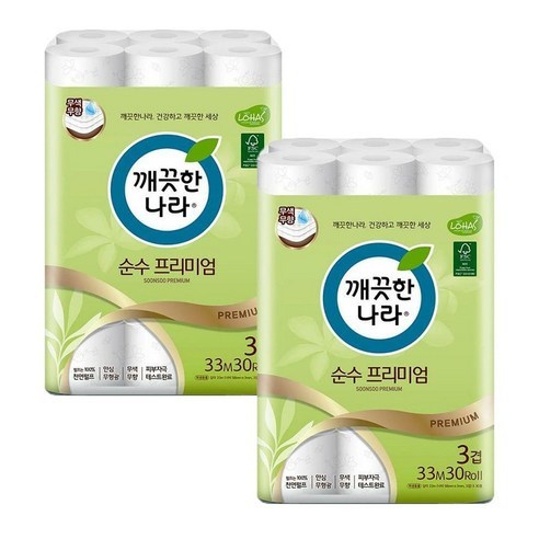 깨끗한나라 순수 프리미엄 3겹 데코 롤화장지 30m 30롤 2팩 60롤