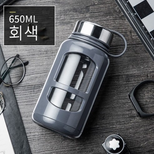 더블 레이어 유리 대용량 휴대용 고급 내열성 방폭 물 컵 차 분리 차 컵, 그레이 650Ml, 하나