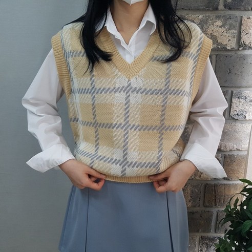 상상그이상 여성용 국내제작 빅체크 브이넥 루즈핏 니트조끼 베스트 간절기 레이어드 캐주얼 니트