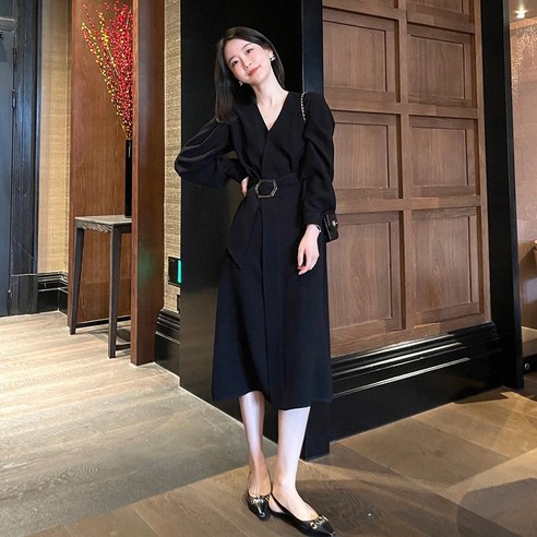 KORELAN 이른 봄 새로운 하이 엔드 패션 햅번 스타일 프랑스 기질 긴팔 블랙 드레스 여성 의류