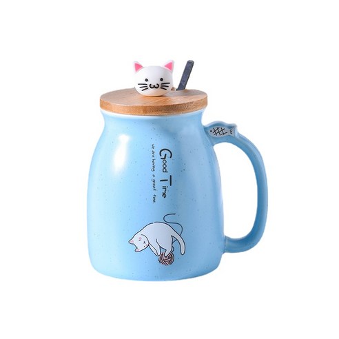 ANKRIC 머그컵 일본 귀여운 만화 고양이 세라믹 컵 뚜껑 창조적 인 찻잔 컵 아침 우유 커피 사무실 커플, YYJ04파란색