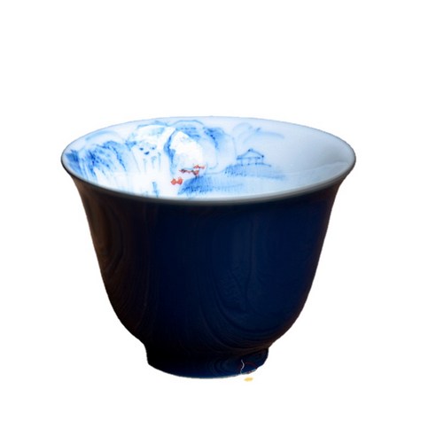 ANKRIC 물컵 손으로 그린 세라믹 티 컵 세트 지 블루 티 컵 쿵푸 티 컵 마스터 컵 개인 컵, 지 블루 풍경