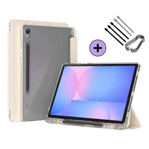 갤럭시탭 S10 FE / S10 FE 플러스 S펜슬 수납 투명 클리어 케이스 북커버 아이친구, 크림아이보리, 1개