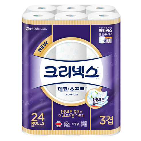 크리넥스 3겹 데코 소프트 화장지 28m, 24롤, 1팩