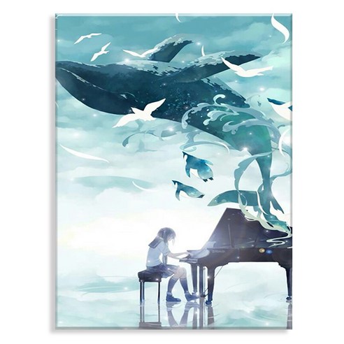 오로라데코덴 캔버스형 보석십자수 40x50cm, MK130 피아노와 고래
