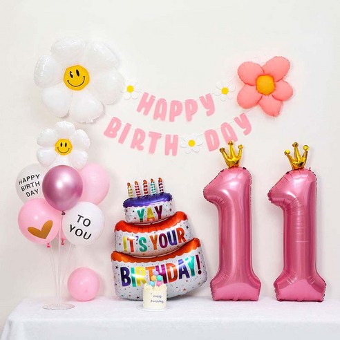 [피앤비유니티] 캐릭터무광데이지 생일케익풍선세트 스탠드형, 1세트, 04-11)무광데이지생일풍선세트 11 핑크