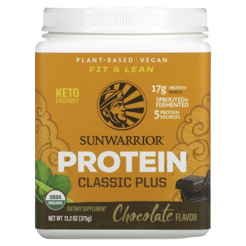 Sunwarrior 썬워리어 클래식 플러스 플랜베이스 초콜릿 프로틴 375g Classic Plus Protein Plant Based Chocolate 13.2 oz (375 g, One Color, One Size