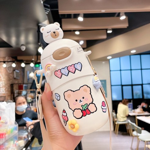 [LM] 500ml 곰 스티커 보온병 스테인레스 스틸 절연 뜨거운 음료 컵 밀짚 선물, {"크기":"500ml"}, White B