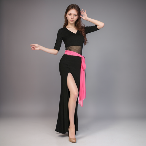 무드걸 라인댄스복 원피스 라틴댄스 여성 댄스복, 블랙