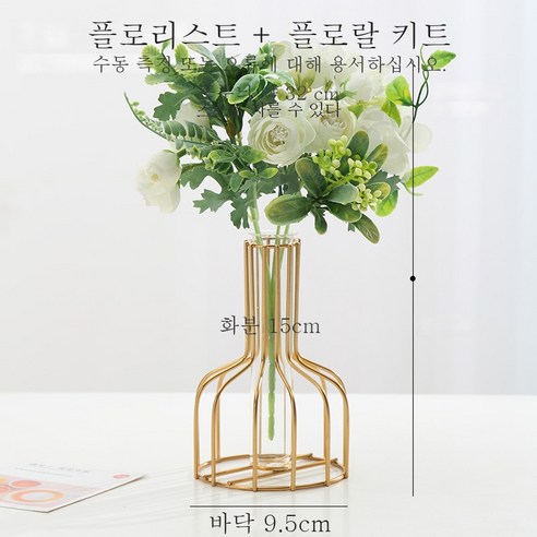 DFMEI 라이트 럭셔리 북유럽 골드 철 투명 유리 꽃병 거실 말린 꽃 꽃꽂이 장식 데스크탑 꽃 장식, 테스트 튜브 꽃병 + (동백 가방 화이트), 중간