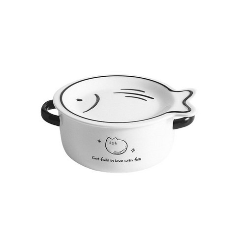 BLOWFISHFUGU 귀여운 고양이 양손 스프볼 라면그릇 손잡이라면그릇 뚜껑라면기, 2개, 화이트A