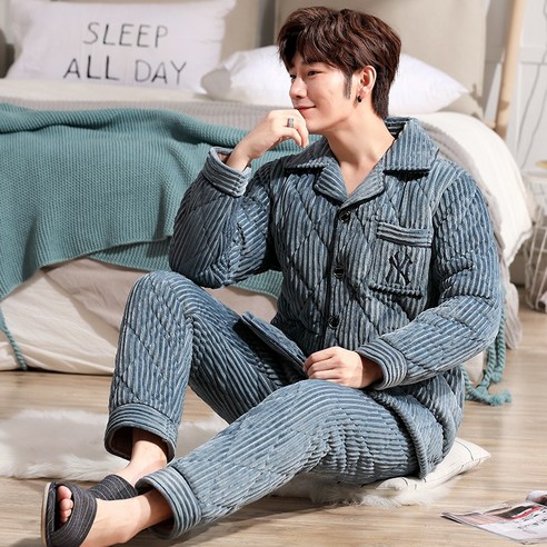 smy남성 잠옷 가을 겨울 세 레이어 퀼트 두꺼운 양털 산호 양털 따뜻한 플란넬 겨울 홈 세트