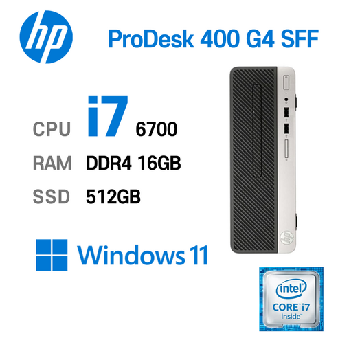 HP 중고컴퓨터 ProDesk 400 G4 SFF는 사무용컴퓨터로, 중량 4.53kg와 사이즈 270 x 95 x 296mm로 설계되었으며, 인텔 core-i7 프로세서와 16GB의 메모리를 탑재하여 강력한 성능을 제공합니다.