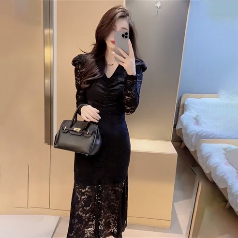 besteffie 레이스원피스 여성용 브이넥 정장 돌잔치 원피스 레이스 롱원피스 가을 E88