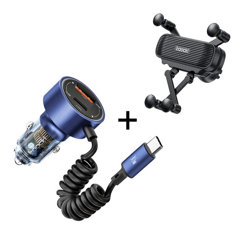 Toocki 60W PD3.0+QC3.0+Type-C 3 in 1 반투명 고속 차량용 충전기, 블루, TQ-CC26D
