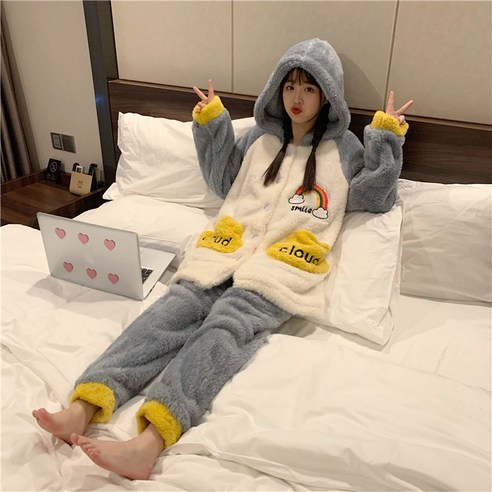 여성용 투피스 수면잠옷세트 후드 잠옷