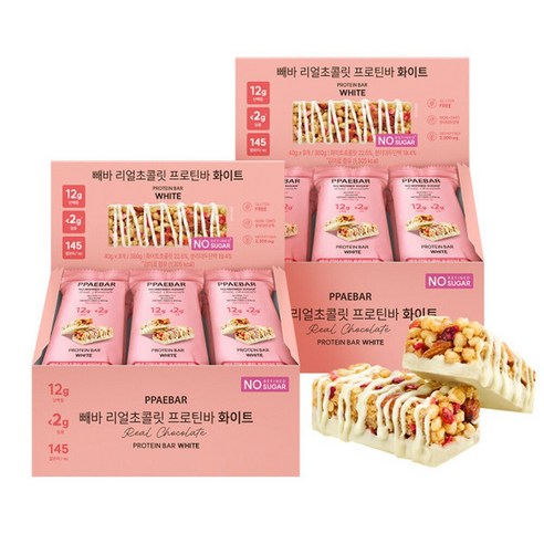 (저당 설탕0g) 빼바 리얼초콜릿 프로틴바 화이트 40g 18개입 (2박스) 건강 간식 직장인 사무실 식사 대용