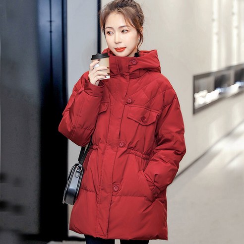 smy인터넷 연예인 다운 재킷 여성 겨울 새로운 중형 한국 스타일 작은 허리 후드 화이트 오리 자켓 유행