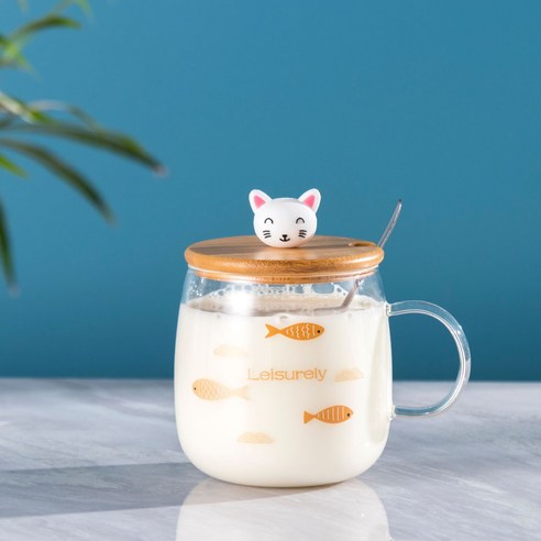 귀여운 고양이 빨대 유리컵 고안치 아침컵 유리 도매대 실리콘 뚜껑 물컵 인쇄 가능 로고, 고양이 조기 B형 [나무 덮개+스테인리스 스푼], 400ml