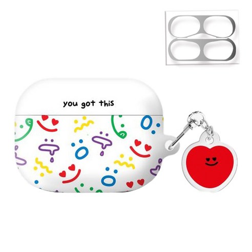 트라이코지 와글와글 컬러 패턴 하드 케이스 + 철가루 방지 스티커 2P + 키링 세트, 레드, AirPods Pro(2세대)