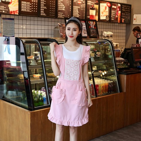DFMEI 패션 앞치마 주방 요리 홑겹 가정용 허리싸개 여성 카페 홑겹앞치마, 도트 스트링 파우더