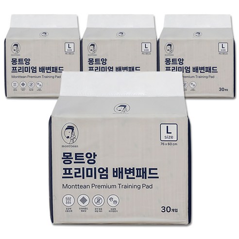 MONTTEAN 몽트앙 프리미엄 논슬립 강아지 배변패드 대형 30매X4팩(120매), 4개, 30개입