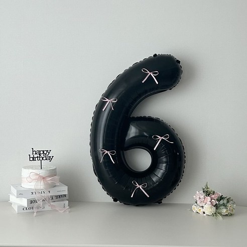 연지마켓 블랙 대형 숫자 풍선 리본 기념일 생일, 1개, 핑크리본 + 블랙숫자 6