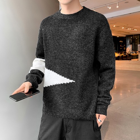 새로운 청소년 라운드 넥 스웨터 캐주얼 긴팔 컬러 매칭 풀오버 남성용 양털 안감 유행 스웨터
