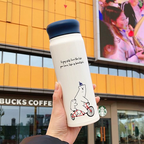 smy일본 보온병 스타일 만화 귀여운 성격 여성 학생 커플 컵 남자 간단한 모리 스타일 컵, 블루커버/자전거곰/500ml, 하나