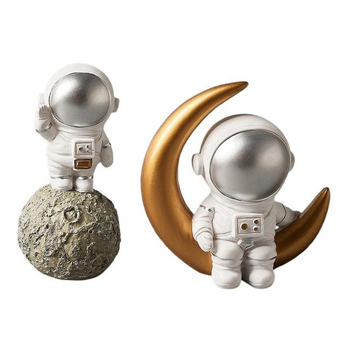 2x 우주 비행사 그림 장식품 수지 공예 조각 동상 홈 인테리어, 골든+화이트