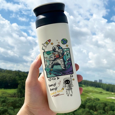 우주 비행사 우주 창조적 인 보온병 학생 간단한 우주 비행사 하이 생긴 스테인레스 스틸 진공 컵, BW5128 우주 비행사, 500ml 플랫 커버 컵