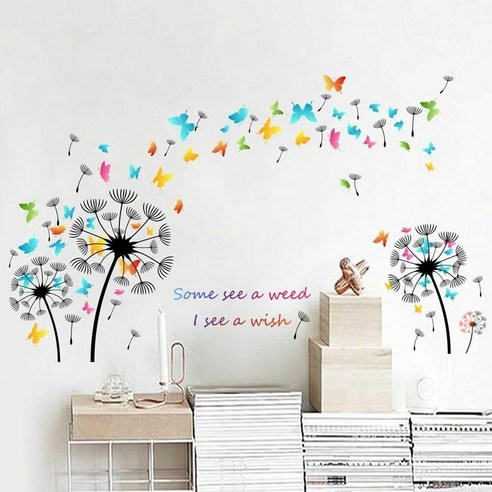 벽 스티커 민들레 다채로운 나비 아트 광고 벽화 홈 장식, 하나, 보여진 바와 같이