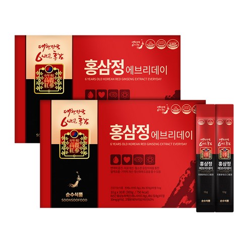 순수식품 6년근 홍삼정 홍삼 스틱 2박스(60포)+쇼핑백 면역력, 300g, 2개