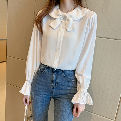 KORELAN 6601# 가을신상 인형넥 화이트셔츠여 가을롱매듭리더칼라 셔츠 블라우스