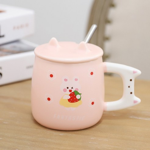 핑크 귀엽다 토끼 도자기 컵 마음 사무용 커피 물컵 문예 청신 마크 컵, 딸기 토끼, 350ML