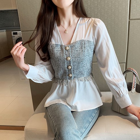 KORELAN 현물 ~ 222 봄옷 디자인 센스 브이넥 허리 블라우스