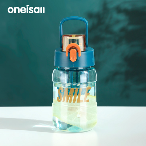 ONEISALL 휴대용 빨대컵 다용도 물컵 플라스틱컵 투명 찻잔 1 개, 다크그린 460ml