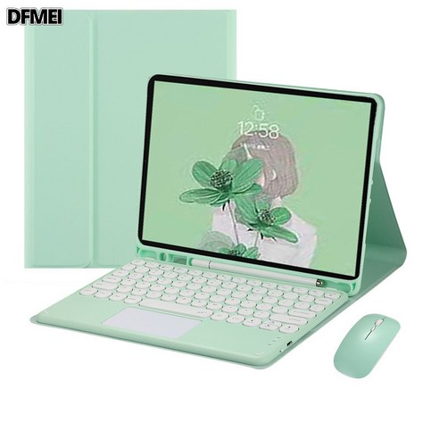 DFMEI 아이패드 에어4 블루투스 키보드 10.2인치 8세대 애플 2021 마그네틱 터치 키보드 가죽 커버 프로 커버 적용, 그린[가죽커버+터치 키보드]+마우스, 포아이패드 2019(10.2인치)