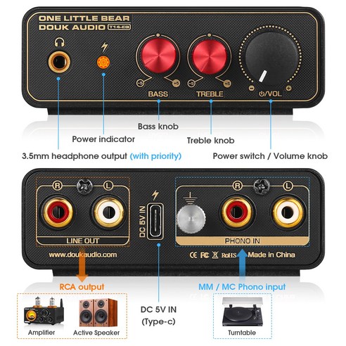 Douk Audio T14-EQ 스테레오 RIAA MM MC 포노 스테이지 프리앰프 홈 턴테이블 3.5mm 헤드폰 앰프 포함