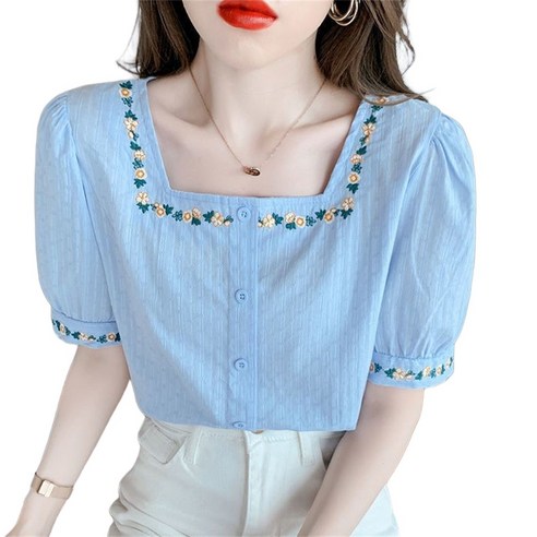 ROYALBELLE 여성 여름 스퀘어넥 플라워 자수 쇼트핏 반팔 블라우스 경량 루즈핏 반팔티 데일리룩 H050616 AN