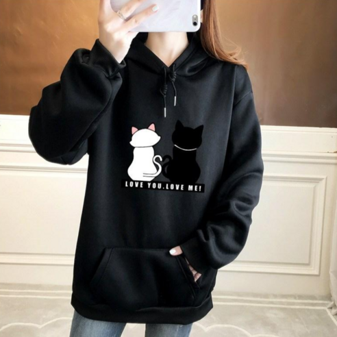 겨울용 여성 기모 후드 LOVE 고양이 프린트 레터링 오버핏 긴팔티 티셔츠