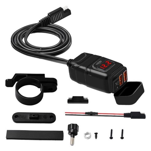 12V 오토바이 핸들 바 듀얼 USB 충전기 어댑터 QC 3.0(전화 태블릿 GPS용 전압계 포함), 빨간색, 3 x3.3 x 6cm, ABS